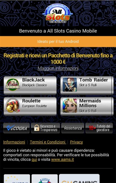 Schermata di allslots mobile