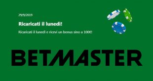 Betmaster presenta il nuovo bonus ricarica Lunedì fino a 100€