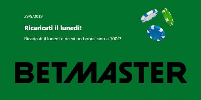 Betmaster presenta il nuovo bonus ricarica Lunedì fino a 100€